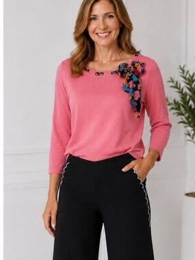 Once Again Petites Pink Knit Top with Floral Scarf Bow – Size L